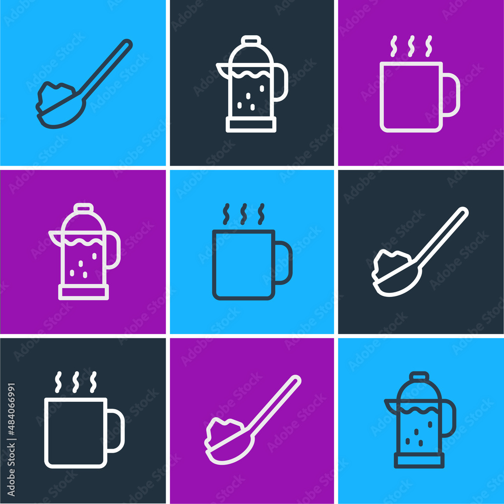 Set line Spoon with sugar, Cup of tea and French press icon. Vector