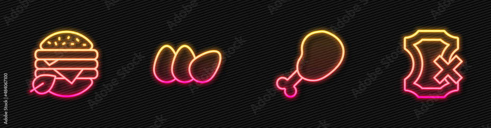 Set line Chicken leg, Vegan food diet, egg and No leather. Glowing neon icon. Vector