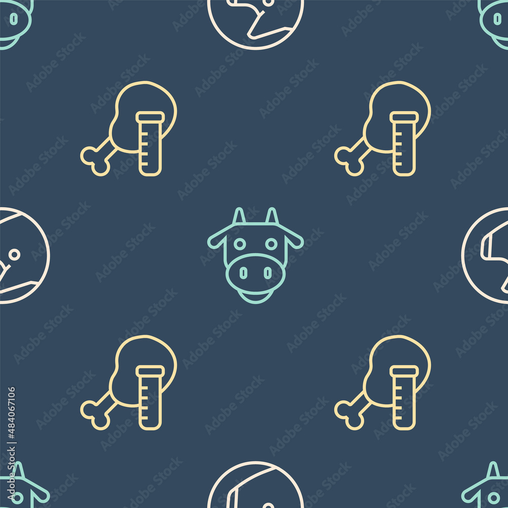 Set line Pig, Genetically modified chicken and Cow head on seamless pattern. Vector