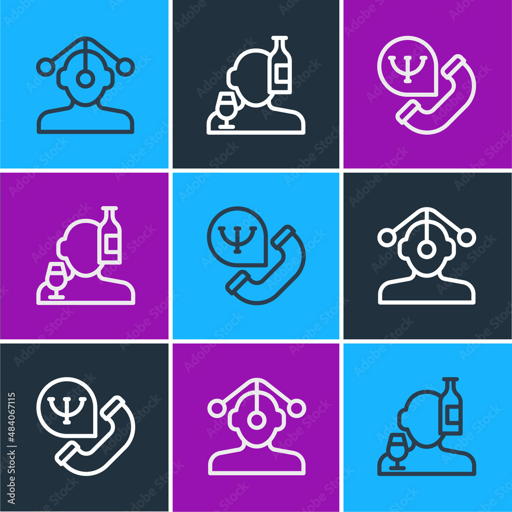 Set line Hypnosis, Online psychological counseling and Alcoholism icon. Vector