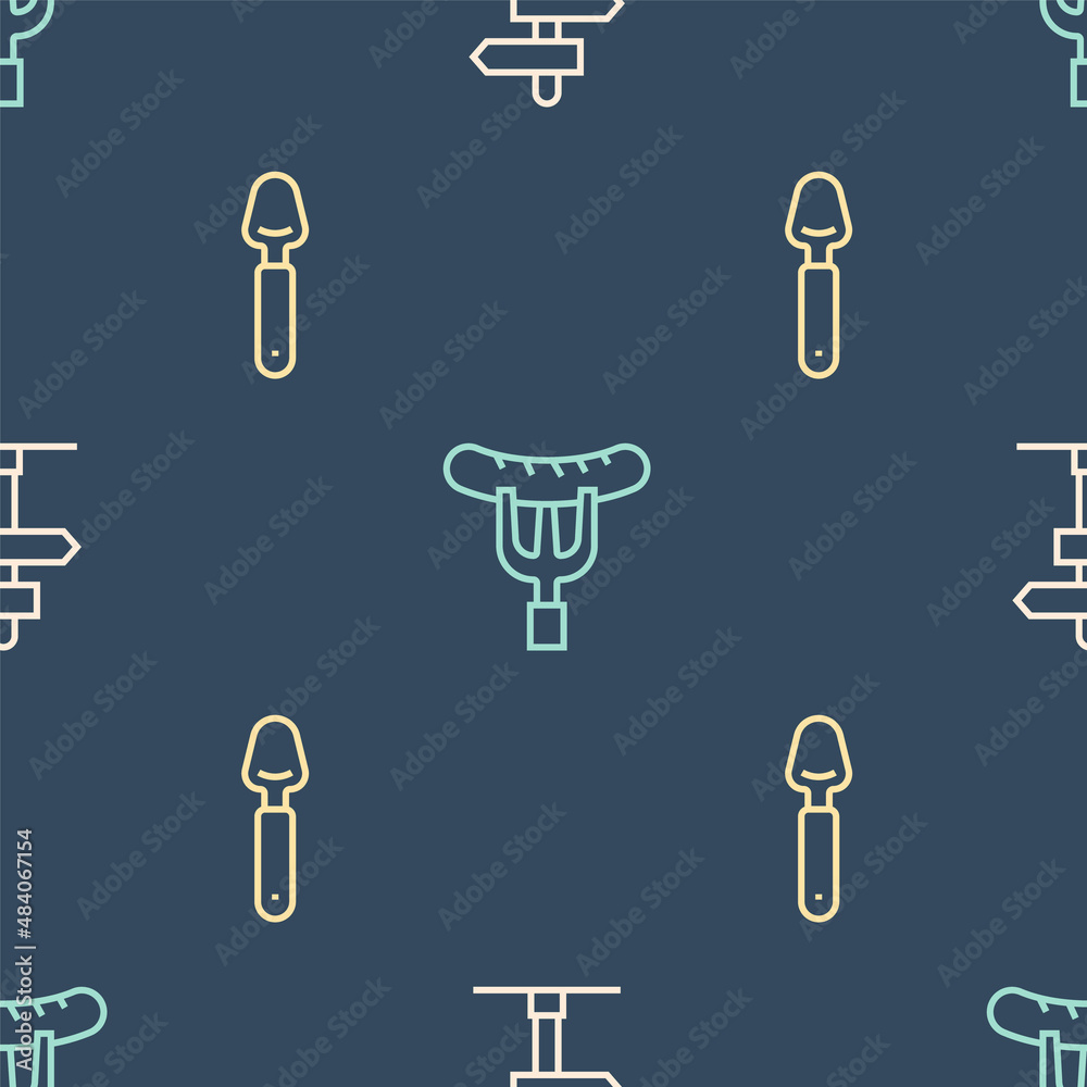 Set line Road traffic sign, Spoon and Sausage the fork on seamless pattern. Vector