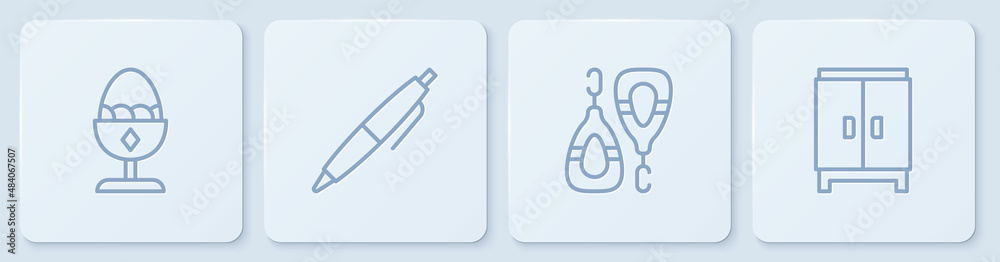 将鸡蛋、耳环、钢笔和衣橱放在架子上。白色方形按钮。矢量