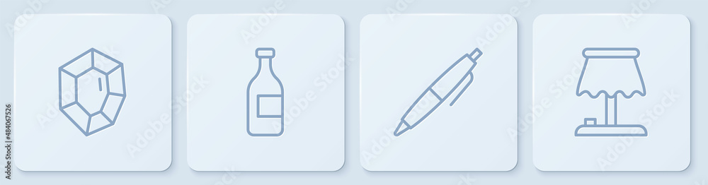 设置线宝石、钢笔、酒瓶和台灯。白色方形按钮。矢量