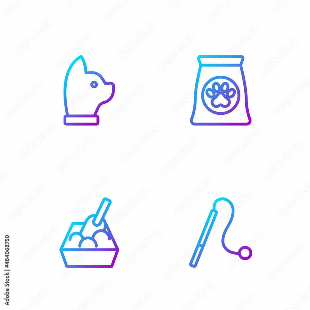 Set line Pet cat toy, Cat litter tray with shovel, and Bag of food for pet. Gradient color icons. Ve