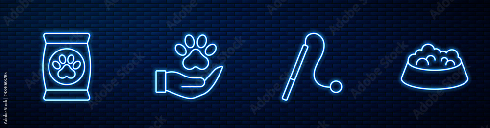 Set line Pet cat toy, Bag of food for pet, Hands with animals footprint and bowl dog. Glowing neon i