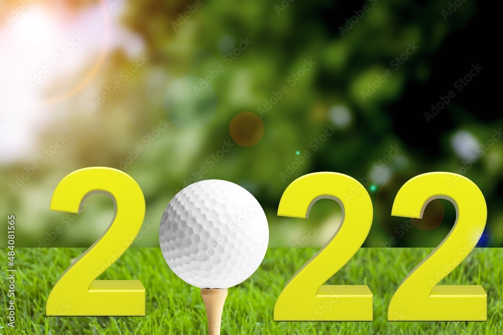 Concept of putting golf ball for Happy New Year 2022 on the green golf for new healthy.