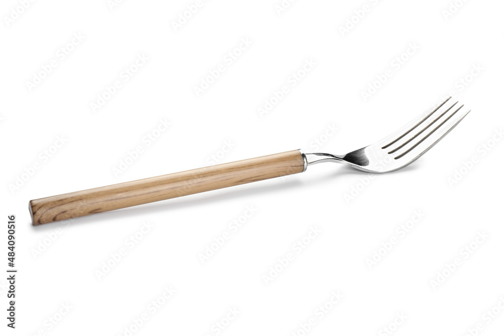 Stainless steel fork with wooden handle on white background