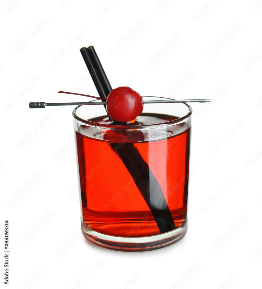 Glass of Manhattan cocktail on white background