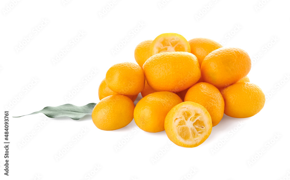 Tasty kumquat fruits on white background