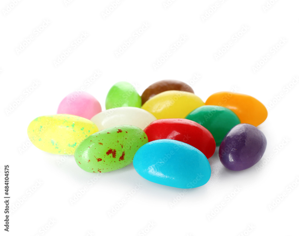 Multicolored jelly beans on white background