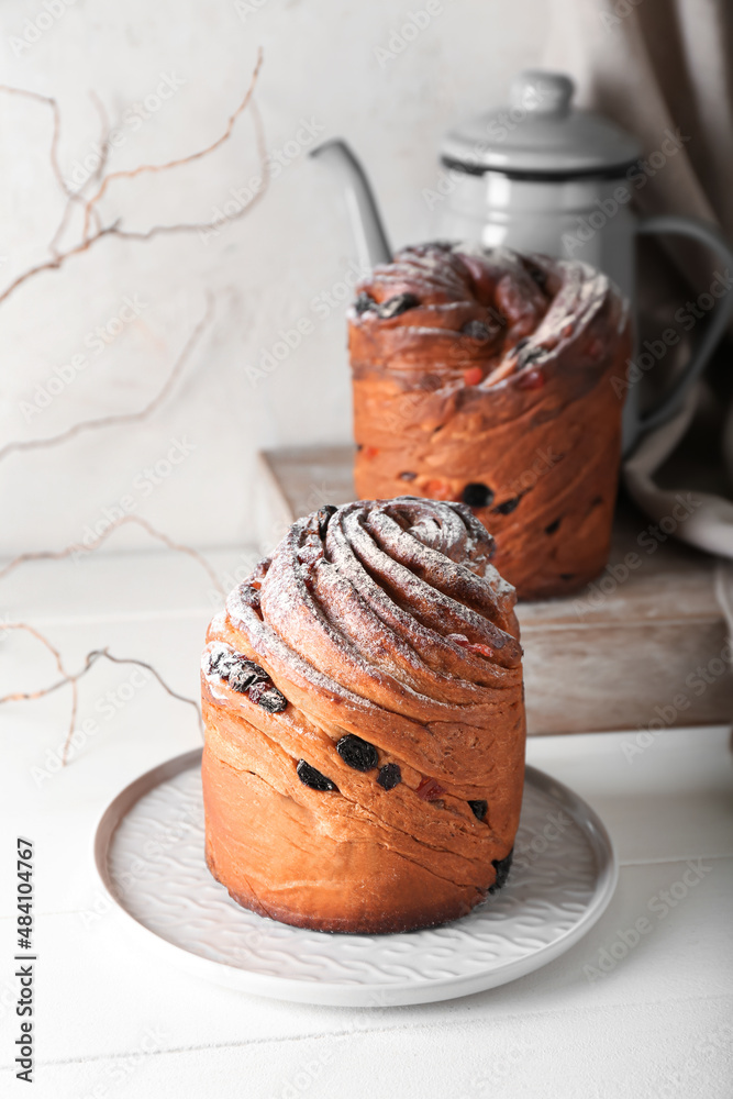 Delicious Easter cakes on light background