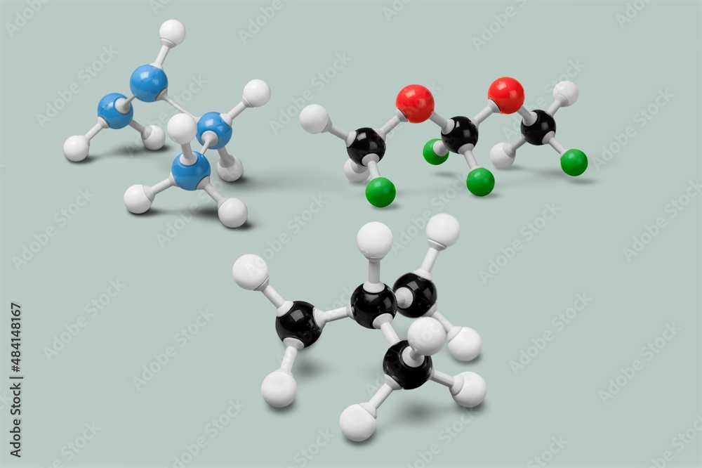 背景上分子模型制作的不同温室气体图片。化学公式