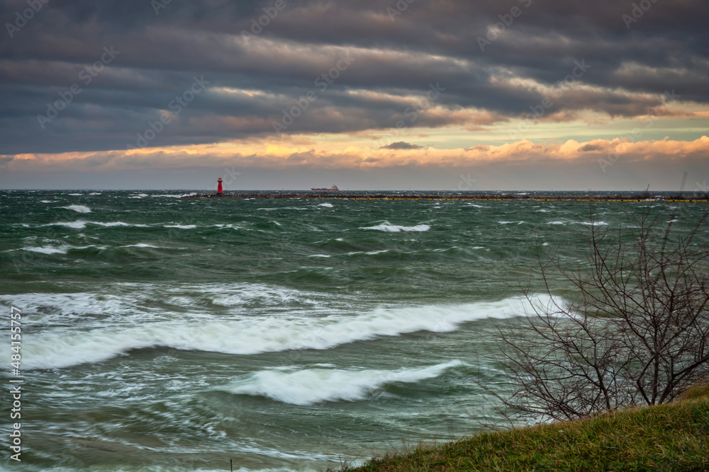 Storm on the Baltic Sea at sunset, Gdansk. Poland