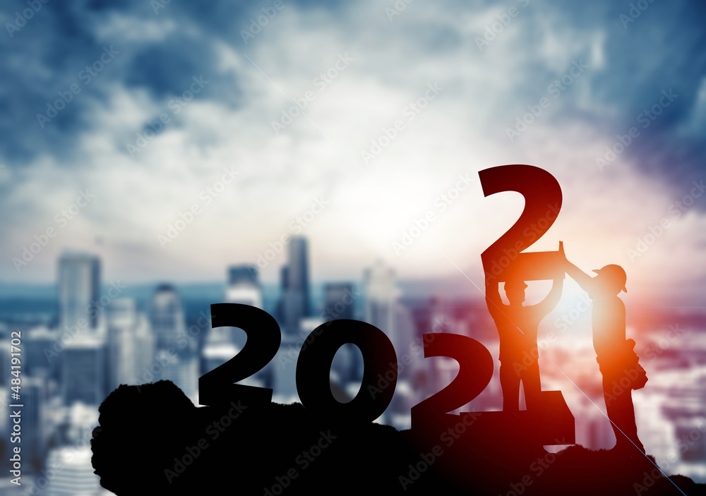 2022 New Year concept. Couple holding up numbers