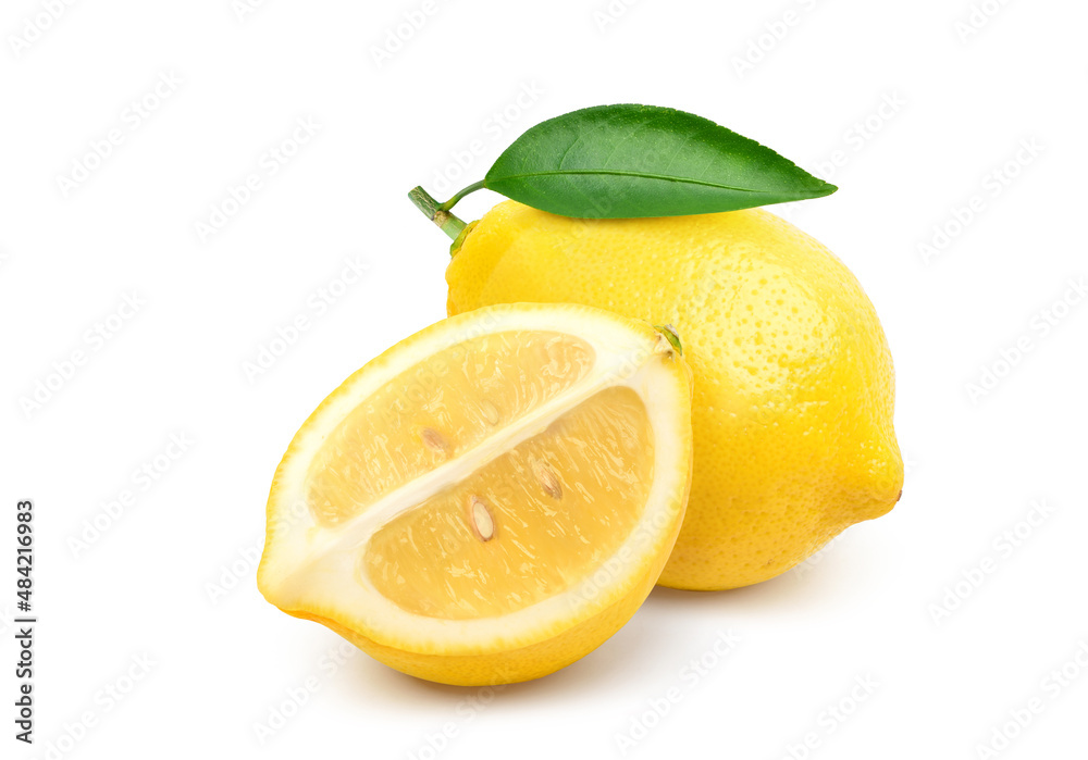 Natural Lemon fruit with cut in half isolated on white background. Clipping path.