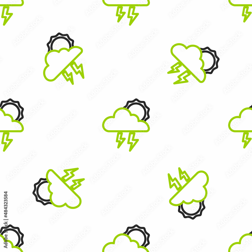 Line Storm icon isolated seamless pattern on white background. Cloud with lightning and sun sign. We