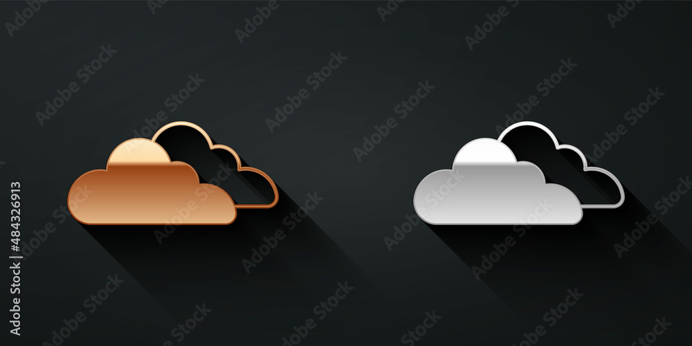 Gold and silver Cloud icon isolated on black background. Long shadow style. Vector