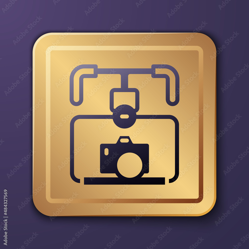 Purple Gimbal stabilizer with DSLR camera icon isolated on purple background. Gold square button. Ve