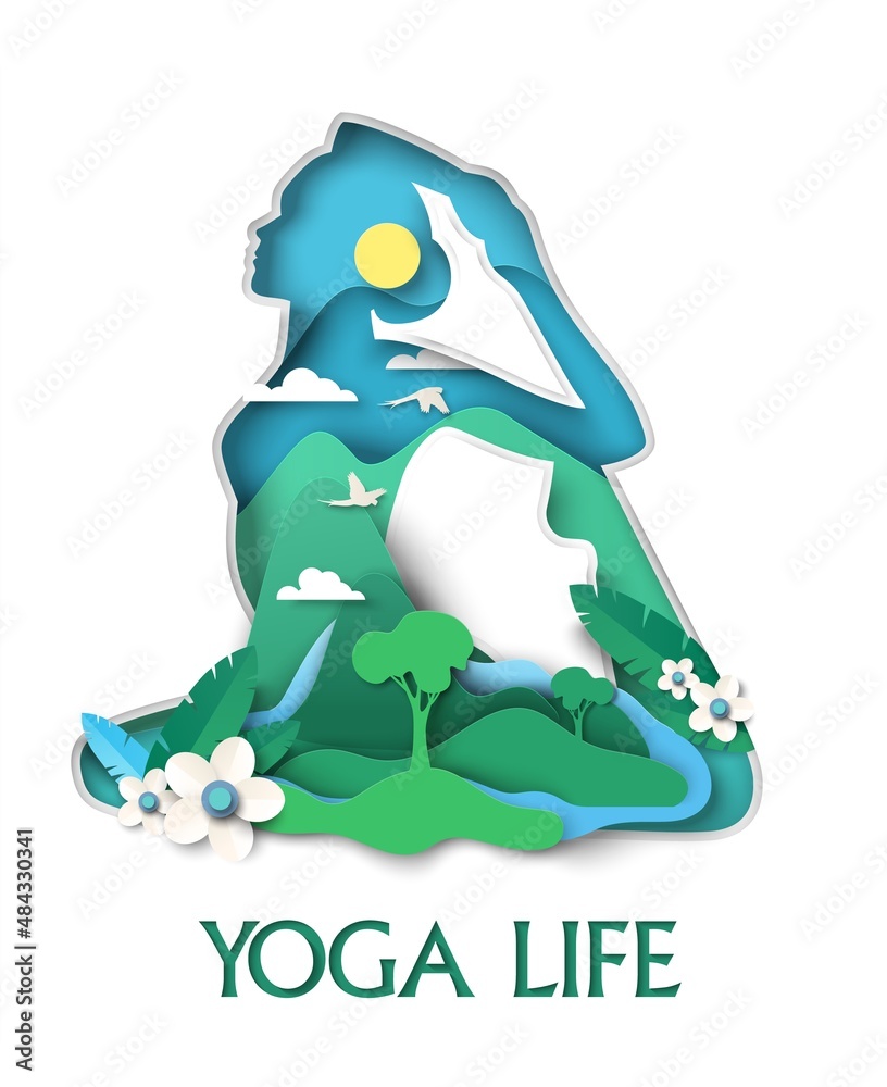 Woman silhouette in yoga pose with nature, vector illustration in paper art style. Yoga life poster 