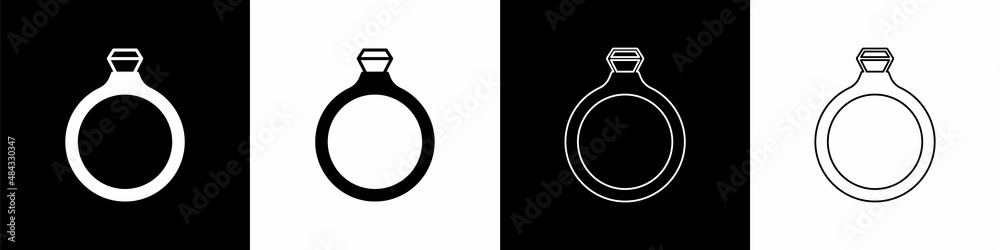 Set Diamond engagement ring icon isolated on black and white background. Vector