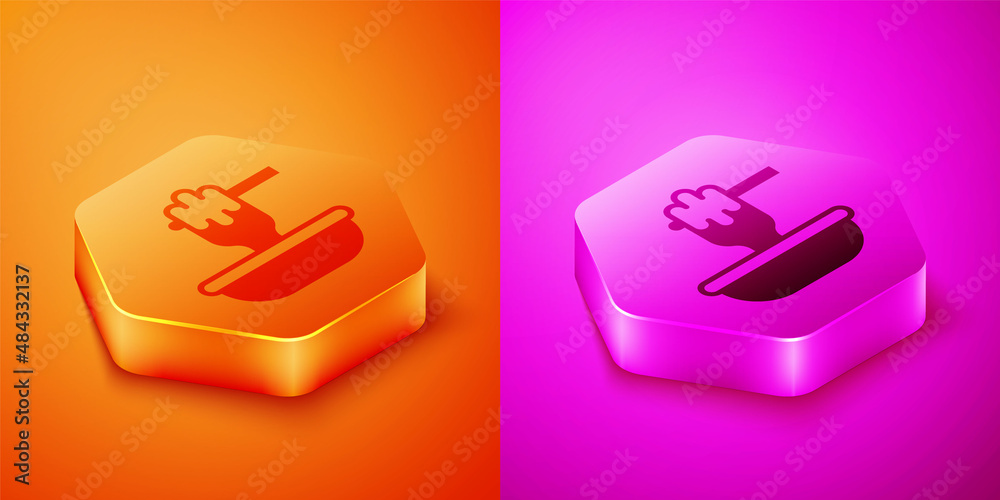 Isometric Honey dipper stick with bowl icon isolated on orange and pink background. Honey ladle. Hex