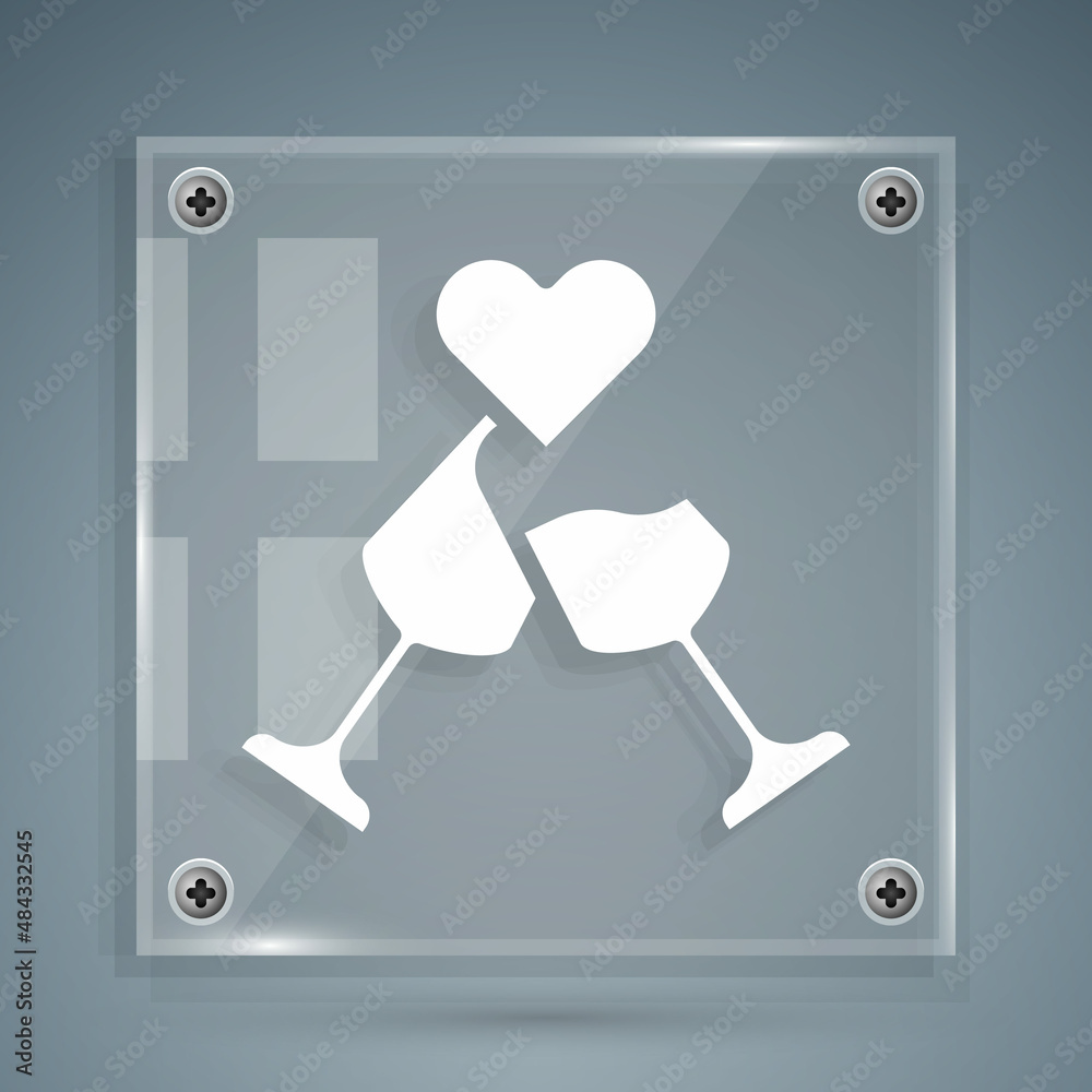 White Glass of champagne icon isolated on grey background. Happy Valentines day. Square glass panels