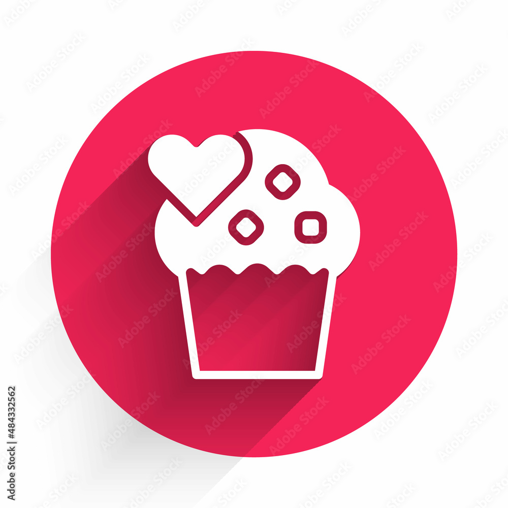 White Wedding cake with heart icon isolated with long shadow background. Happy Valentines day. Red c