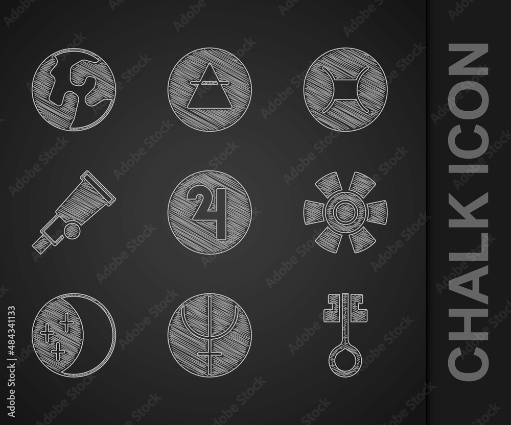 Set Symbol Jupiter, Neptune planet, Old magic key, Sun, Eclipse of the sun, Telescope, Gemini zodiac