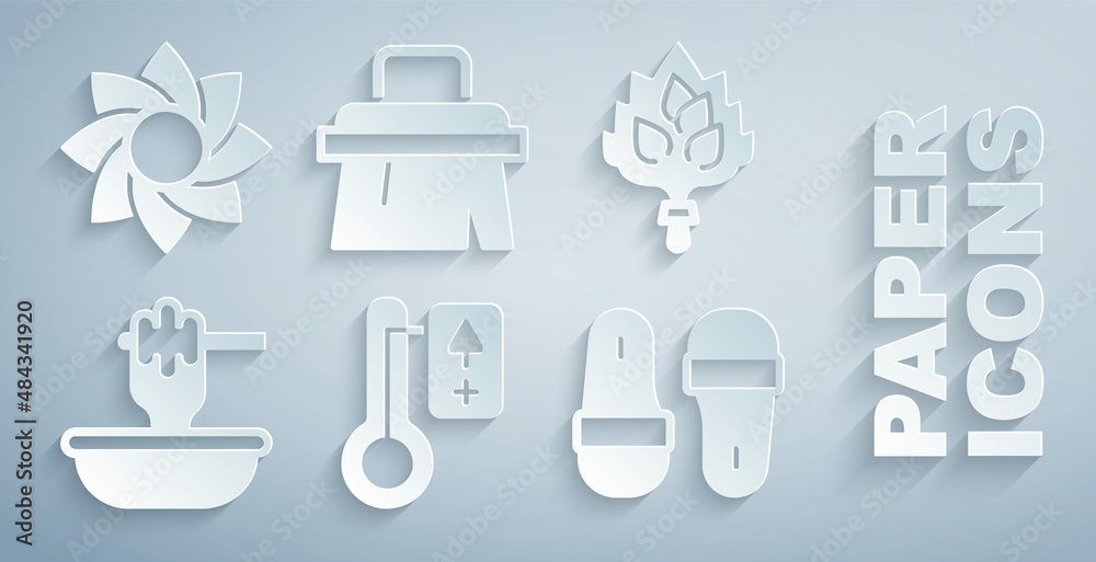 Set Sauna thermometer, broom, Honey dipper stick with bowl, slippers, brush and Flower icon. Vector