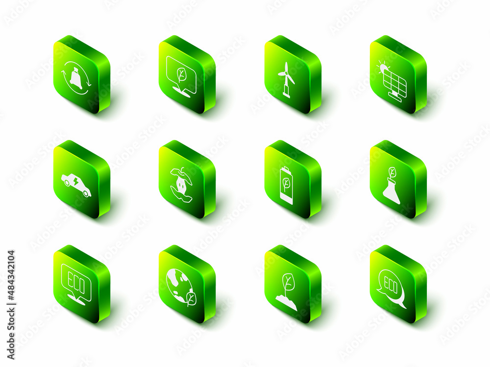 Set Location with leaf, Wind turbine, Solar energy panel, Plant breeding, Leaf Eco symbol, nature ba