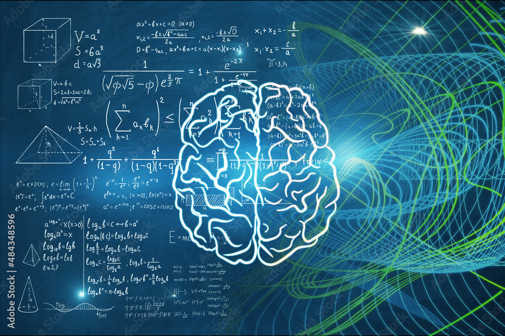 用数学公式抽象多彩的大脑背景。思维概念。3D渲染。