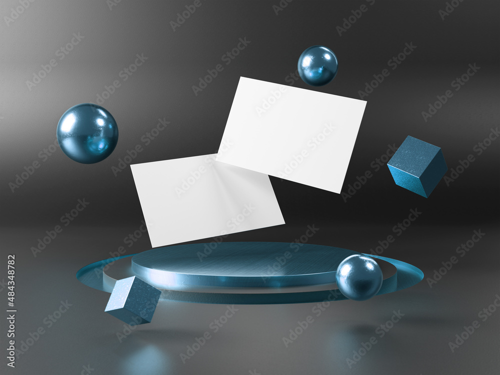 Floating business cards on stage podium Mockup. Template of international calling cards on pedestral