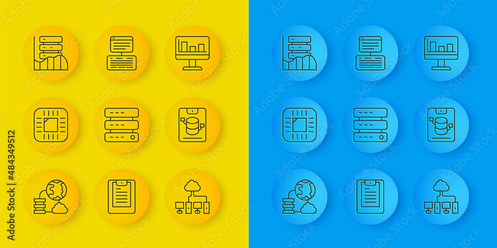 Set line Network cloud connection, Processor with CPU, Server, Data, Web Hosting, Computer network, 