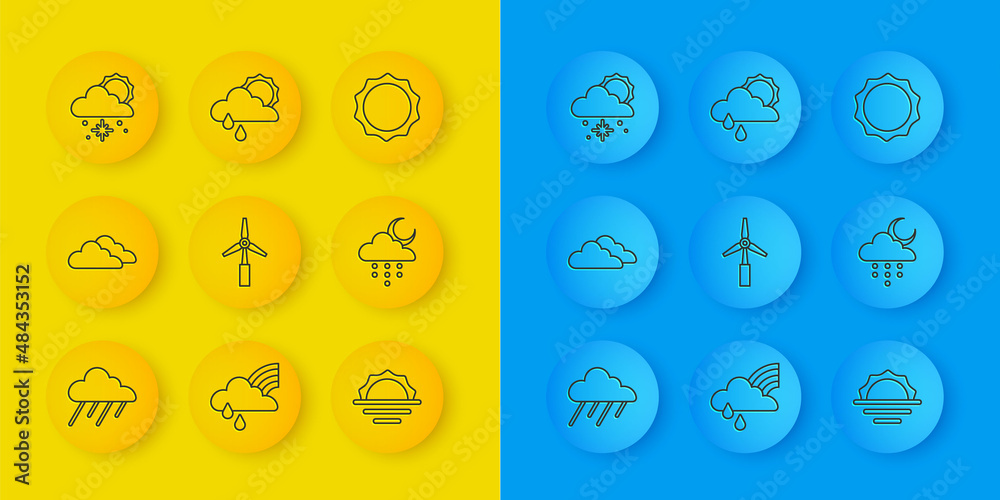 设置云与雨、风力涡轮机、日出、月亮、雪太阳和图标。矢量