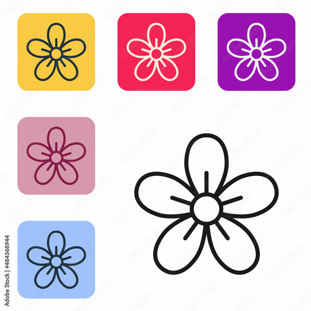 Black line Flower icon isolated on white background. Set icons in color square buttons. Vector