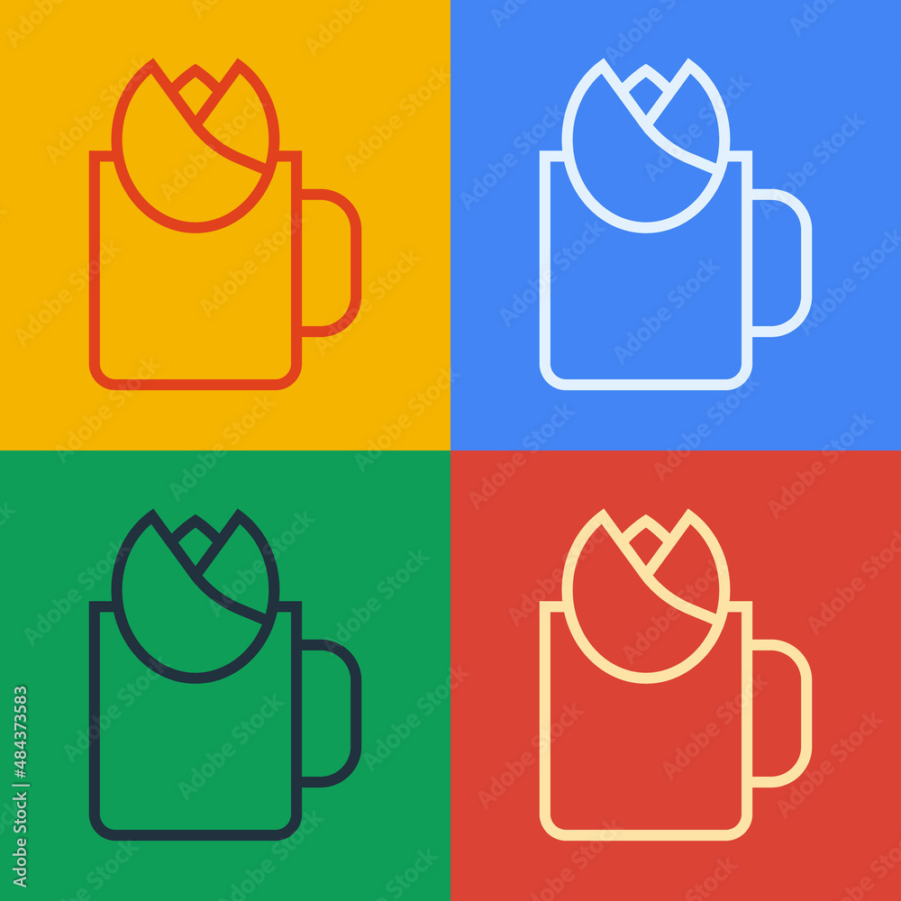 Pop art line Cup of tea with rose icon isolated on color background. Vector