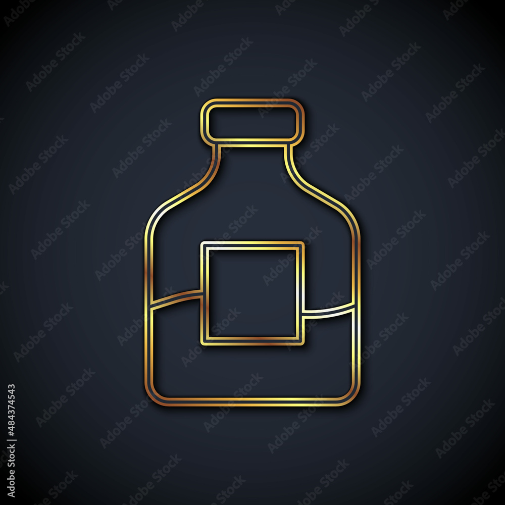 Gold line Glass bottle of vodka icon isolated on black background. Vector