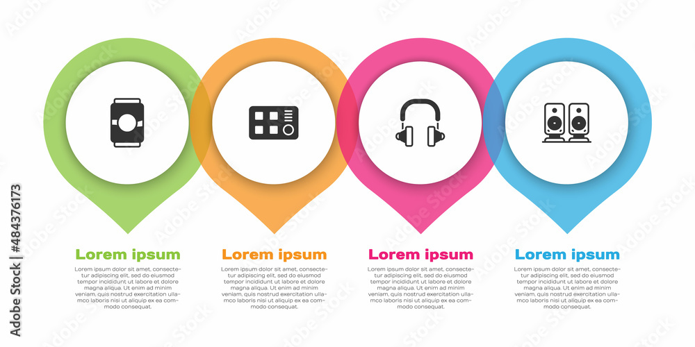 Set Beer can, Drum machine, Headphones and Stereo speaker. Business infographic template. Vector