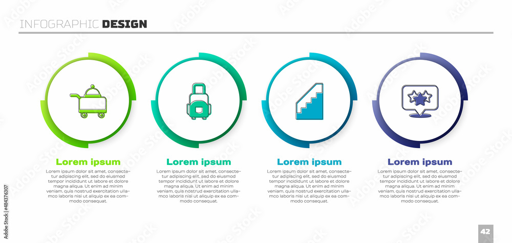 套装覆盖食物托盘、手提箱、楼梯和星级。商业信息图模板。Vec