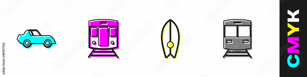 Set Car, Train and railway, Surfboard and icon. Vector