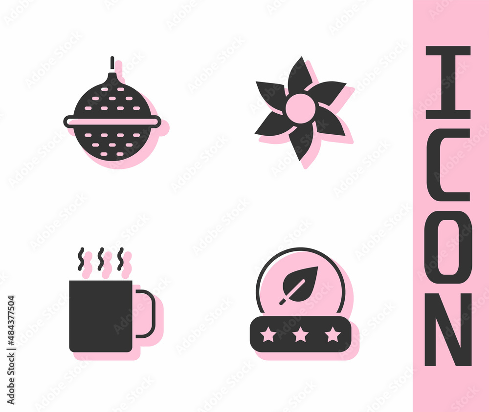 Set Tea leaf, Ball tea strainer, Cup of and Flower icon. Vector