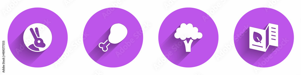 Set Rabbit, Chicken leg, Broccoli and Vegetarian food menu icon with long shadow. Vector