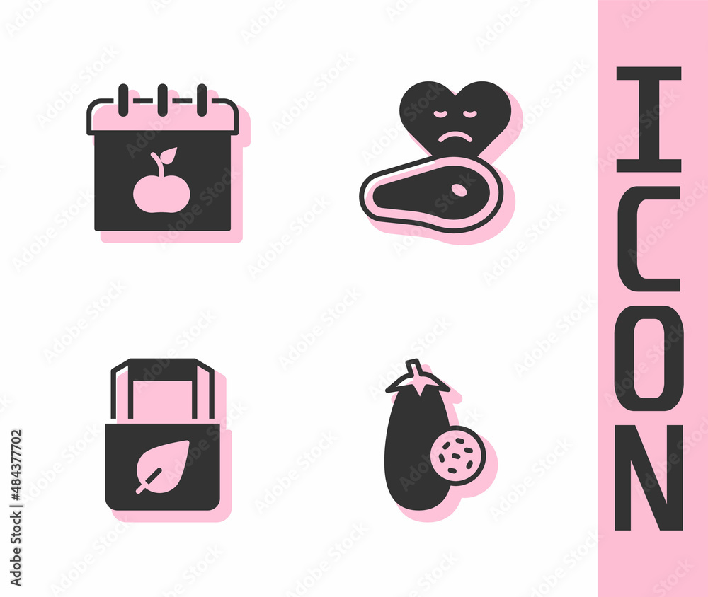 Set Eggplant, World Vegetarian day, Shopping bag with recycle and Steak meat icon. Vector