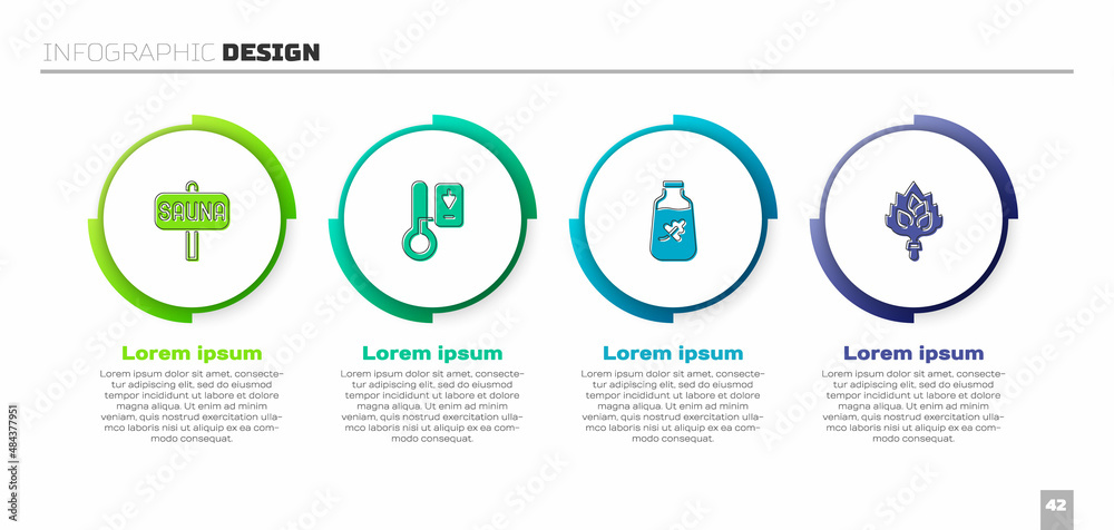 设置桑拿浴室、温度计、精油瓶和扫帚。商业信息图模板。Vector