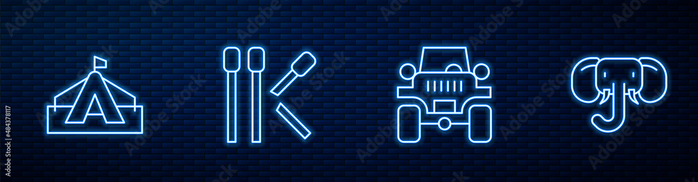 Set line Off road car, Tourist tent, Matches and Elephant. Glowing neon icon on brick wall. Vector