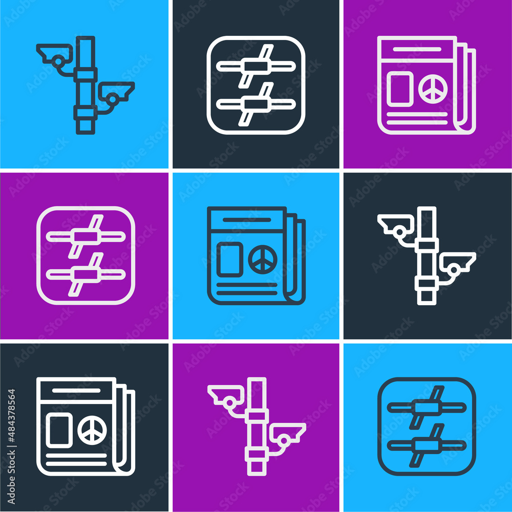 Set line Security camera, News and Barbed wire icon. Vector