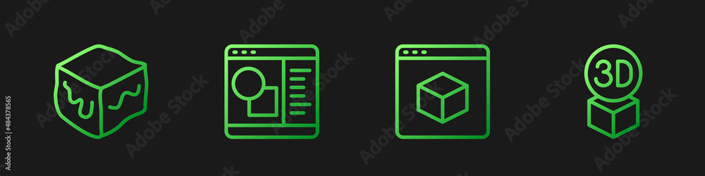 设置线3D打印机、等角立方体、软件和渐变色图标。矢量