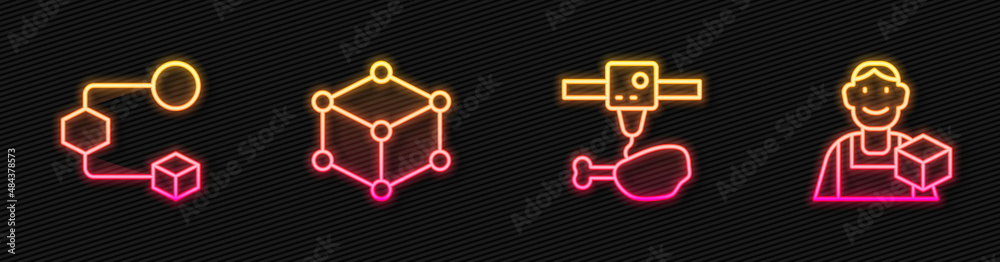 设置线3D打印机鸡腿、等距立方体和平面设计师。发光霓虹图标。矢量