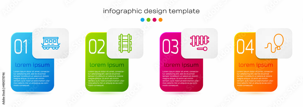 专线客车玩具，铁路玩具，木琴和气球。商业信息图模板