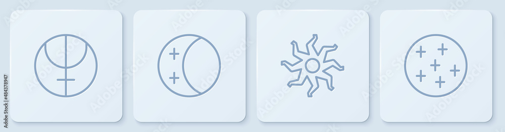 Set line Neptune planet, Sun, Eclipse of the sun and Full moon. White square button. Vector